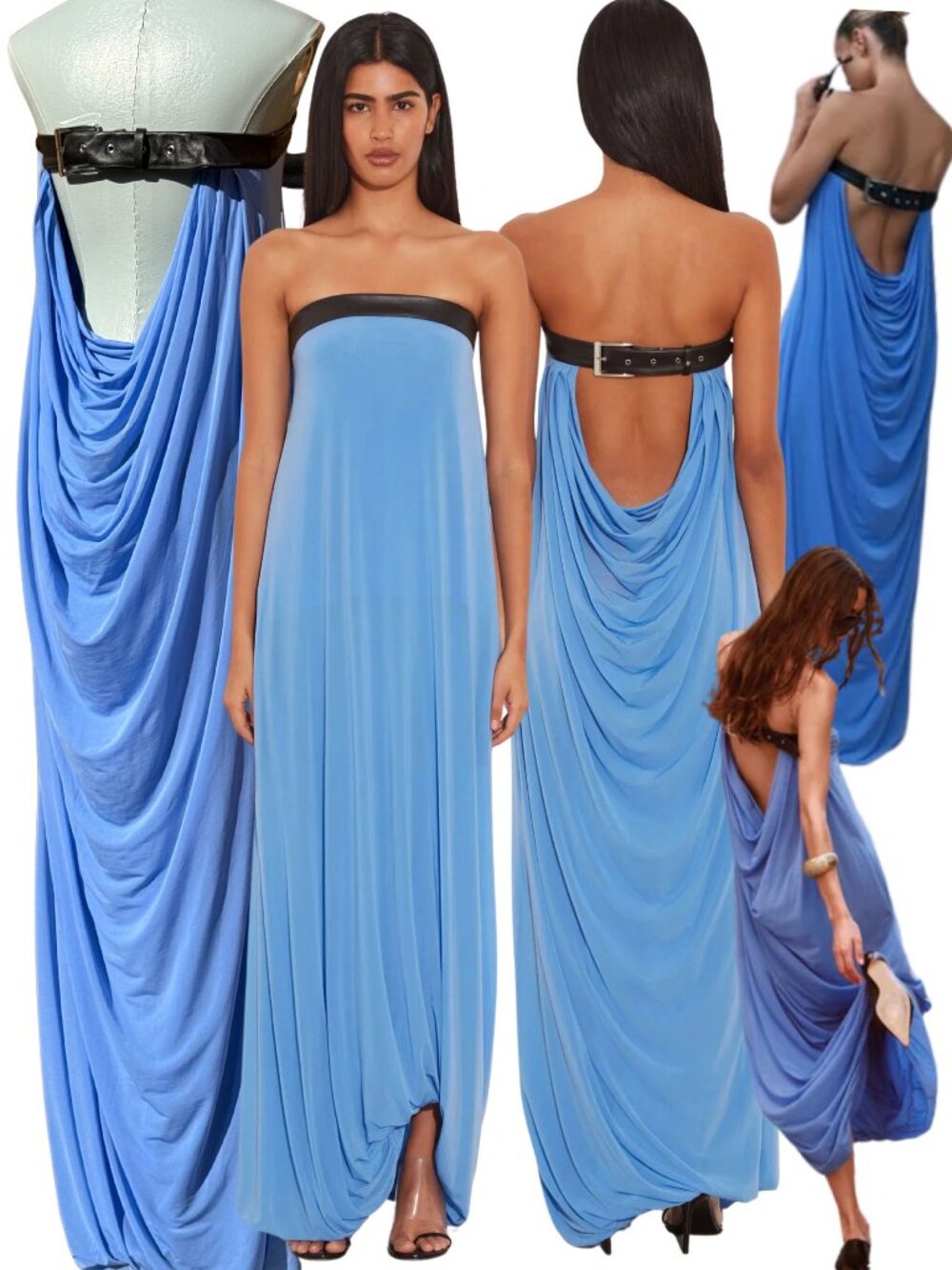 🆕 RAT & BOA 🧿 NWOT Antonie Blue Draped Maxi Dress with Leather Belt, Sz L / XL